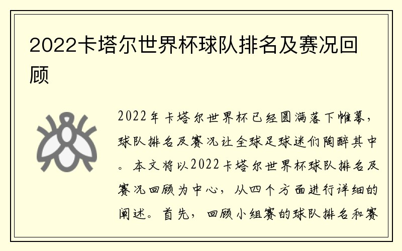 2022卡塔尔世界杯球队排名及赛况回顾