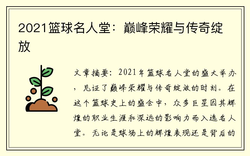 2021篮球名人堂：巅峰荣耀与传奇绽放